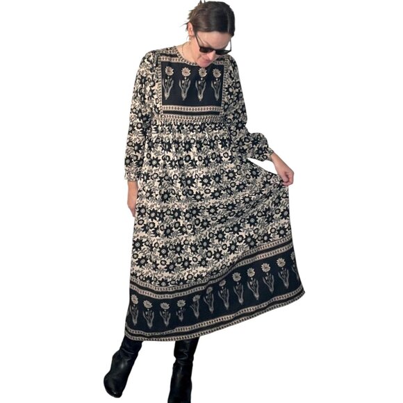 Block Print Floral Midi Dress Unbranded Boho Black Ivory Cotton Medium - Picture 1 of 14